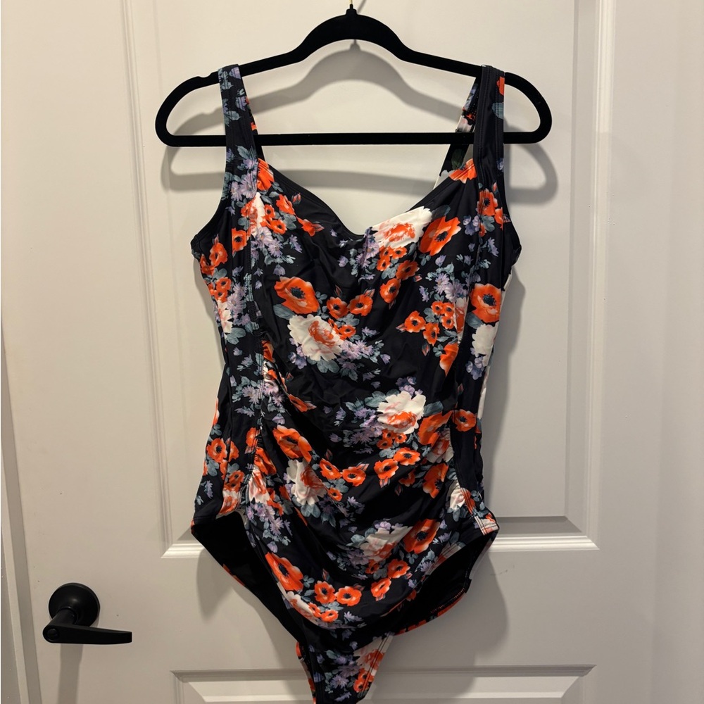 Floral Black One-Piece Swimsuit with Orange & White Blooms